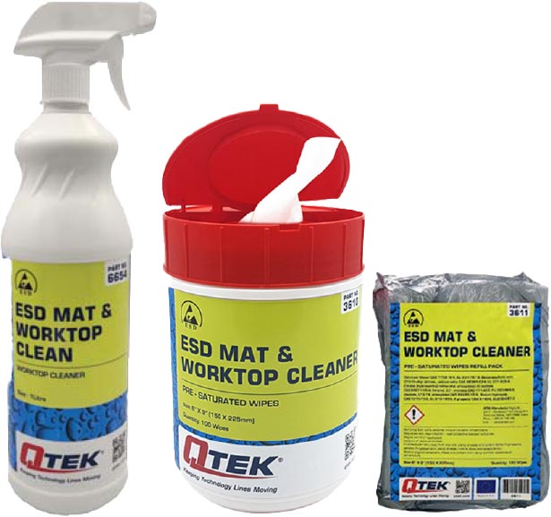 QTEK ESD-Matten- und Arbeitsplatten-Reinigungstücher und Spray